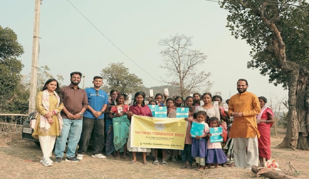 Smiles on the faces of children in Muraha village, Ranchi, Vayodha Foundation Trust distributed educational materials and emergency lights.