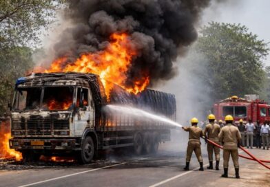 चतरा में खड़े ट्रक में लगी भीषण आग, देखते ही देखते केबिन जलकर राख