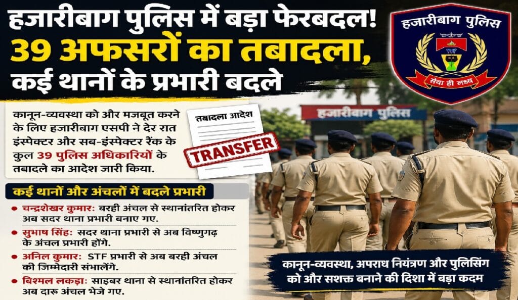 हजारीबाग पुलिस में 39 अधिकारियों का तबादला, कई थानों के नए प्रभारी नियुक्त